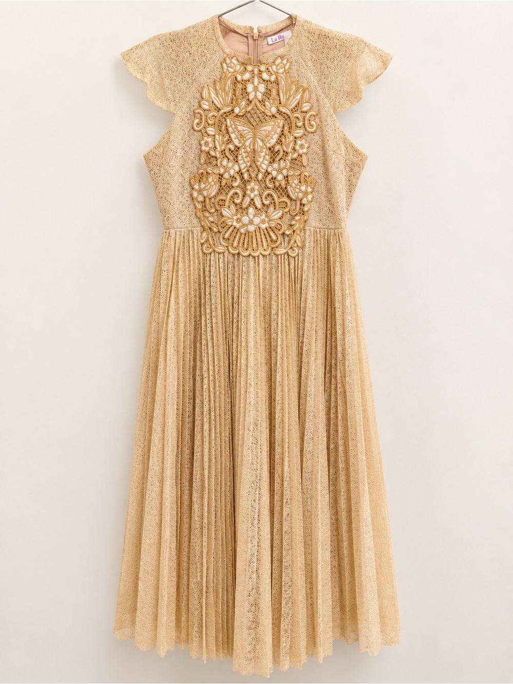 Elegant Gold Lace Midi Dress with Embroidered Bodice